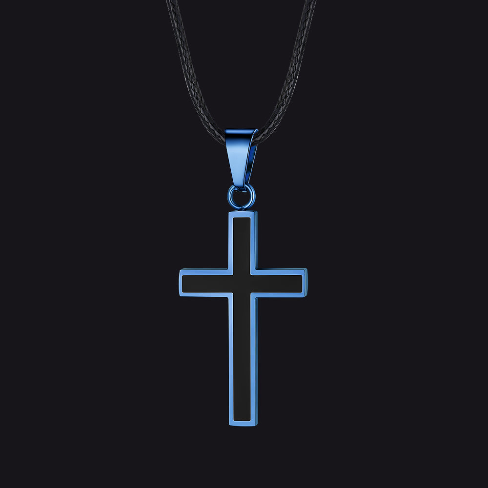 Christian Black Enamel Cross Necklace with Braided Leather Chain for Men
