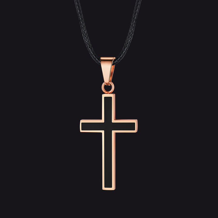 Christian Black Enamel Cross Necklace with Braided Leather Chain for Men