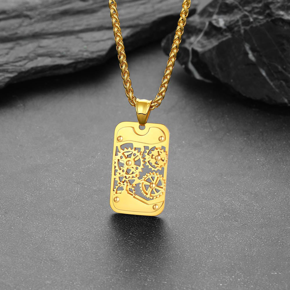 Mechanical Gear Dog Tag Pendant Necklace for Men