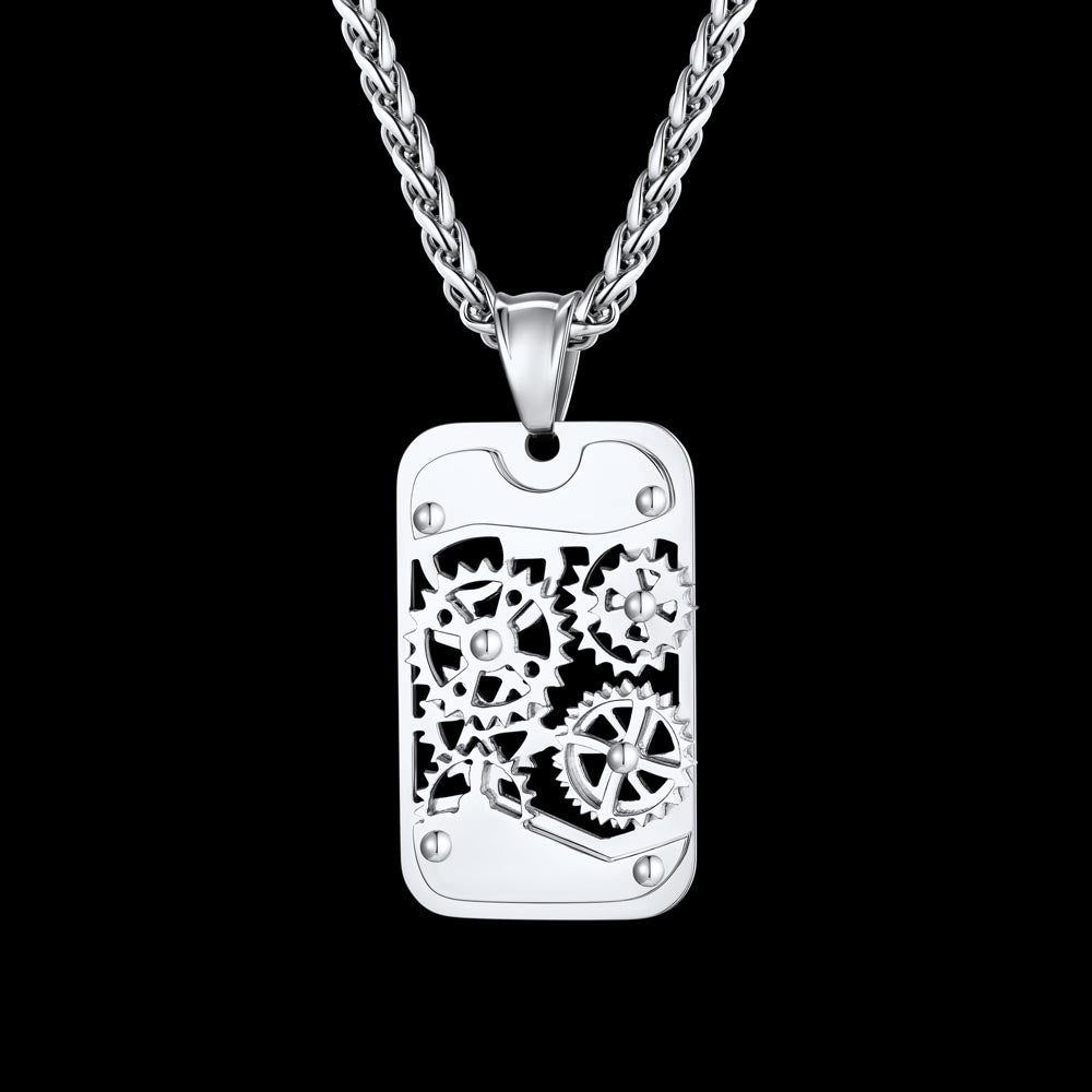 Mechanical Gear Dog Tag Pendant Necklace for Men