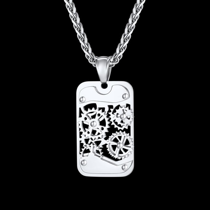 Mechanical Gear Dog Tag Pendant Necklace for Men