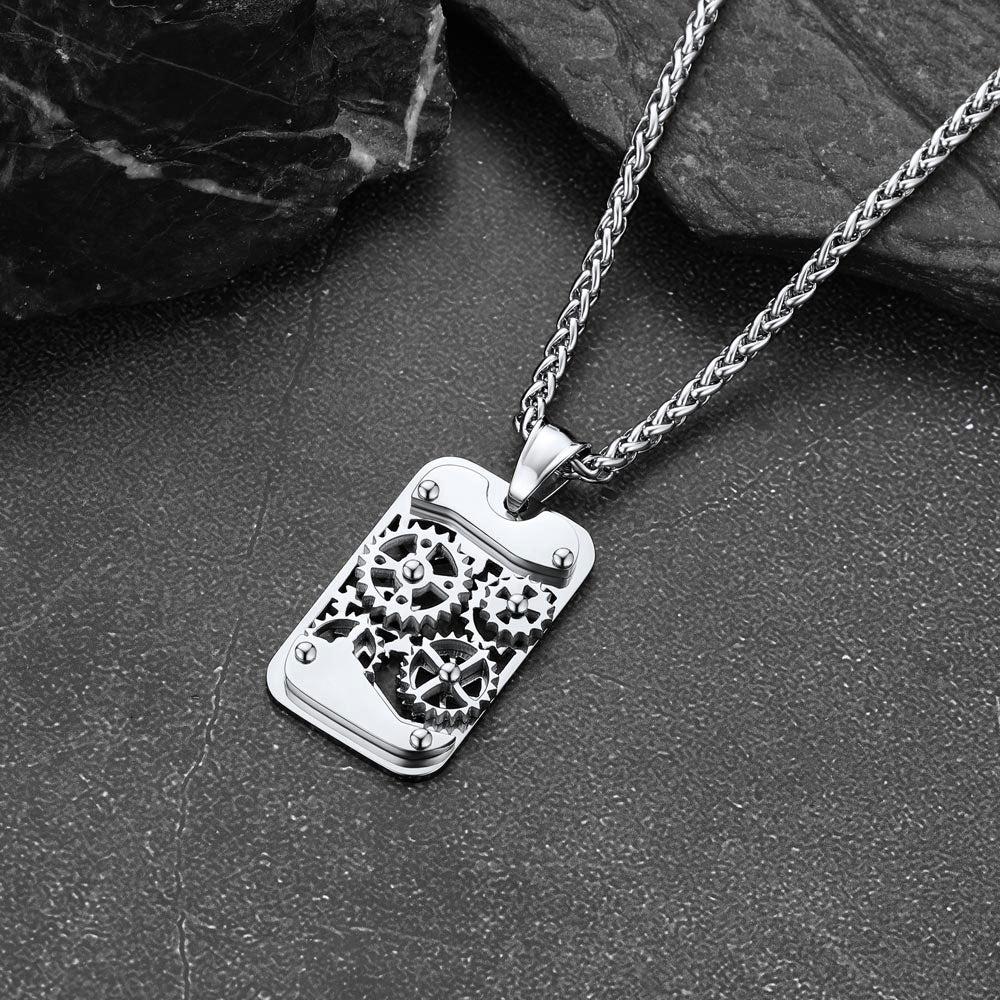 Mechanical Gear Dog Tag Pendant Necklace for Men