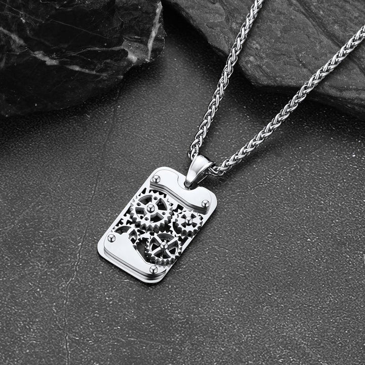 Mechanical Gear Dog Tag Pendant Necklace for Men