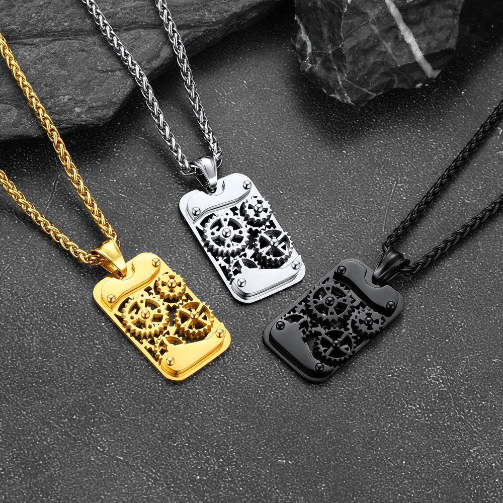Mechanical Gear Dog Tag Pendant Necklace for Men