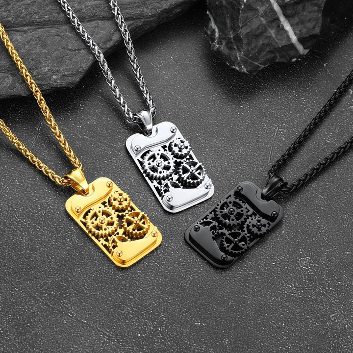 Mechanical Gear Dog Tag Pendant Necklace for Men