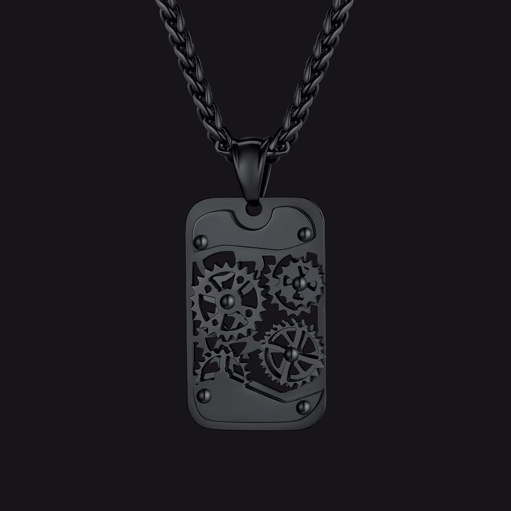 Mechanical Gear Dog Tag Pendant Necklace for Men