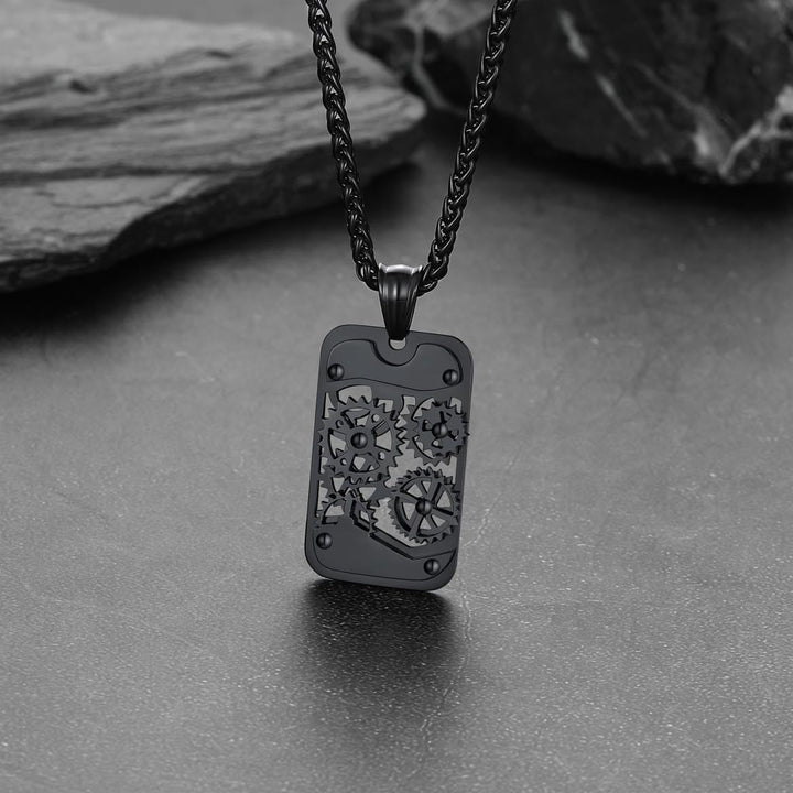 Mechanical Gear Dog Tag Pendant Necklace for Men