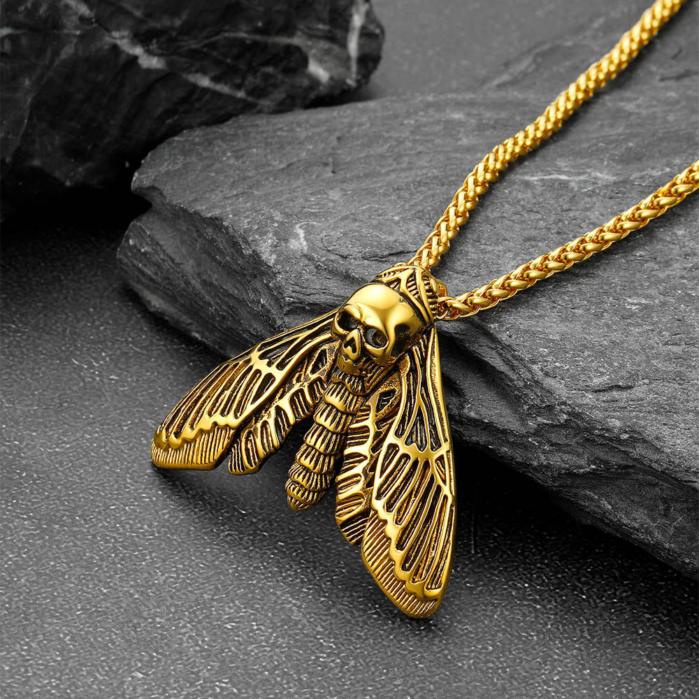 Cool Gothic Skull Moth Pendant Stainless Steel Necklace for Men Boys