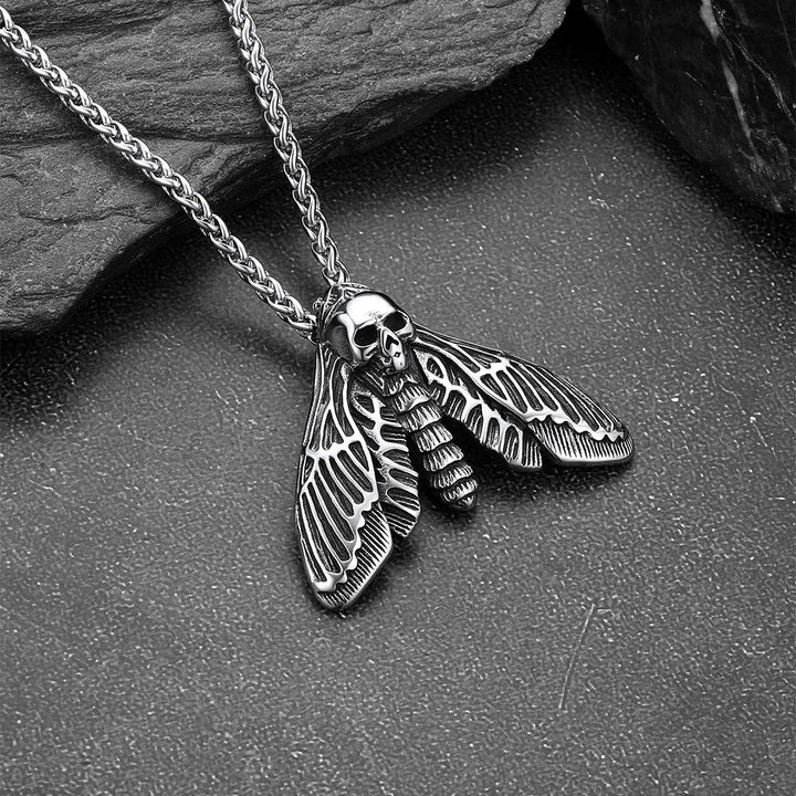 Cool Gothic Skull Moth Pendant Stainless Steel Necklace for Men Boys