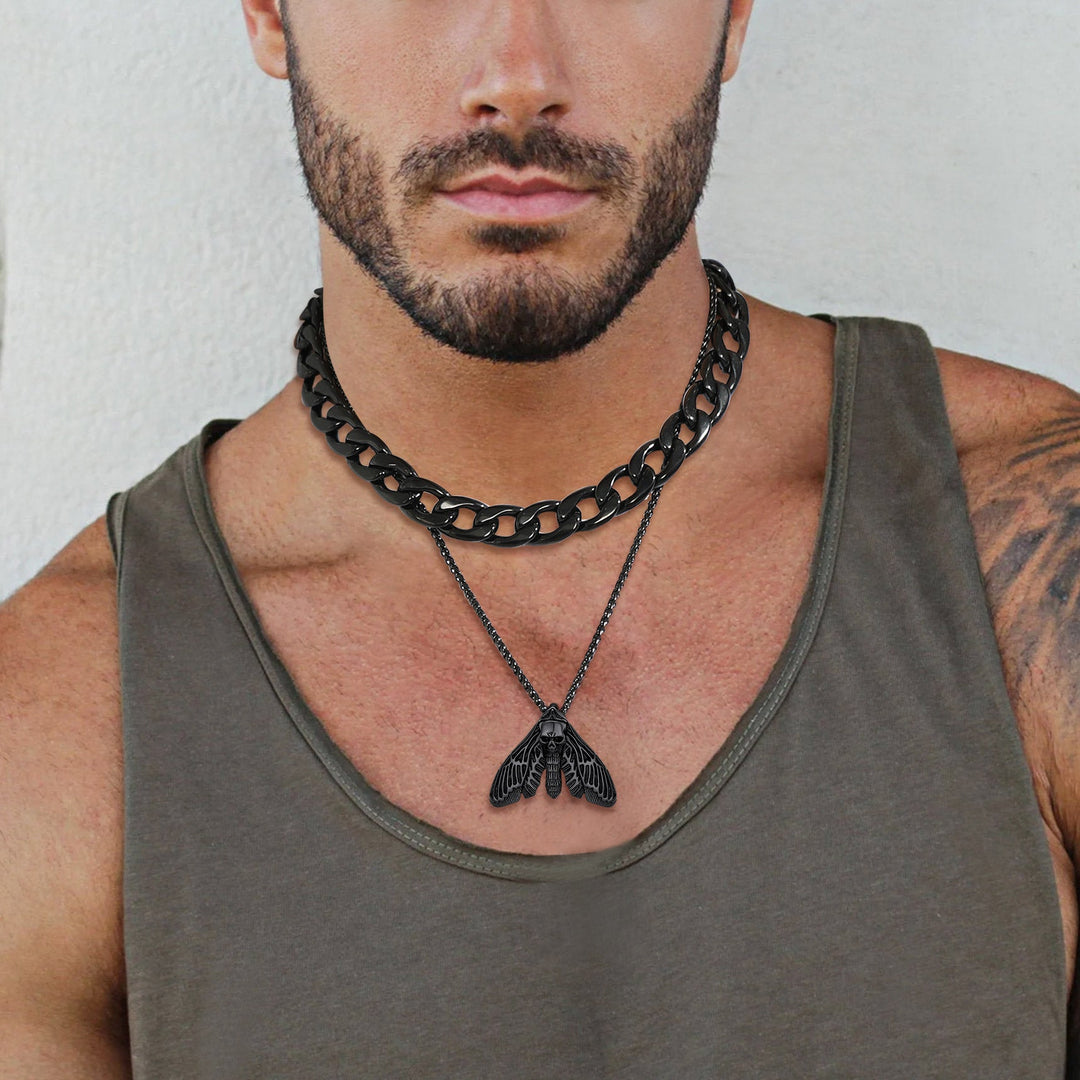 Cool Gothic Skull Moth Pendant Stainless Steel Necklace for Men Boys