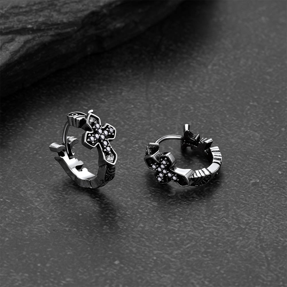 Gothic Cross Hoop Earrings with Cubic Zirconia for Men