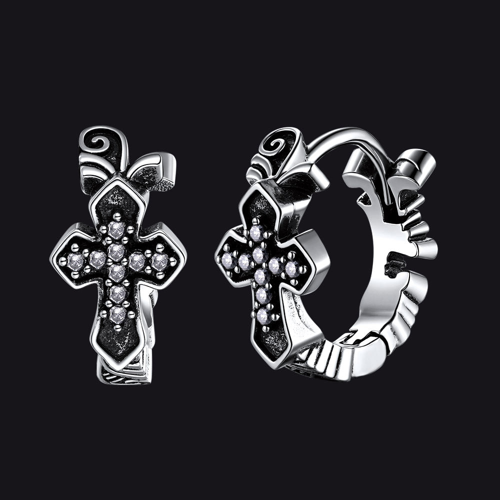 Gothic Cross Hoop Earrings with Cubic Zirconia for Men