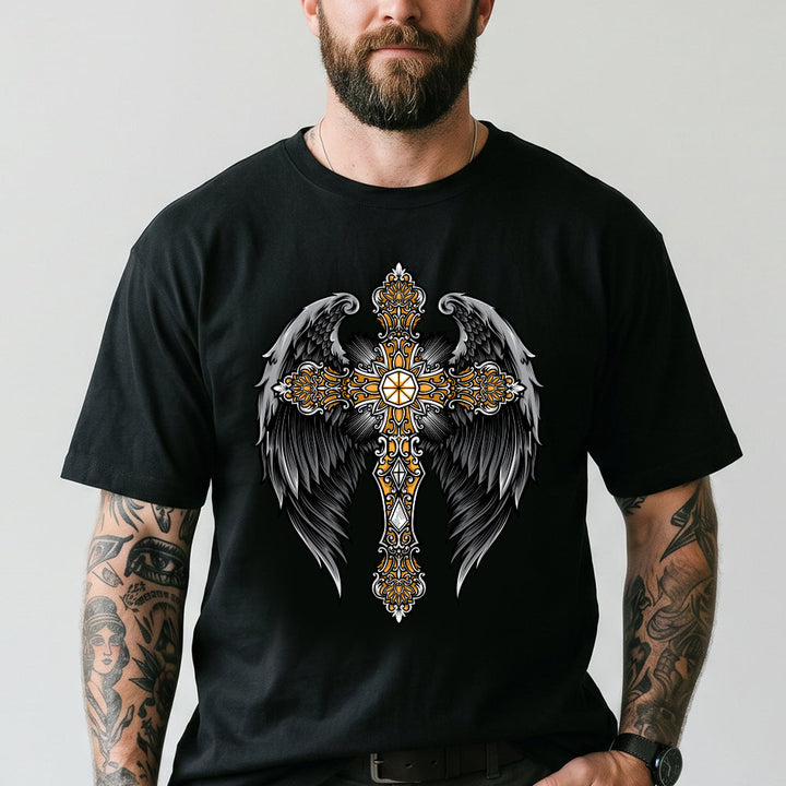 Gothic Cross With Angel Wings T Shirts for Men Father