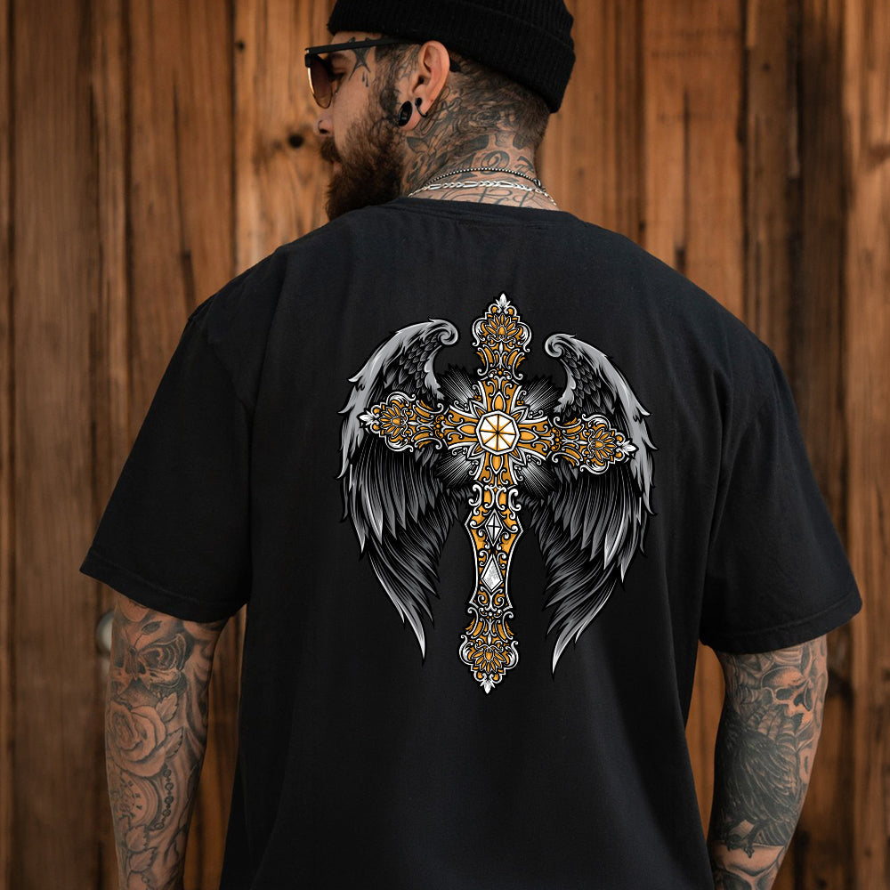 Gothic Cross With Angel Wings T Shirts for Men Father