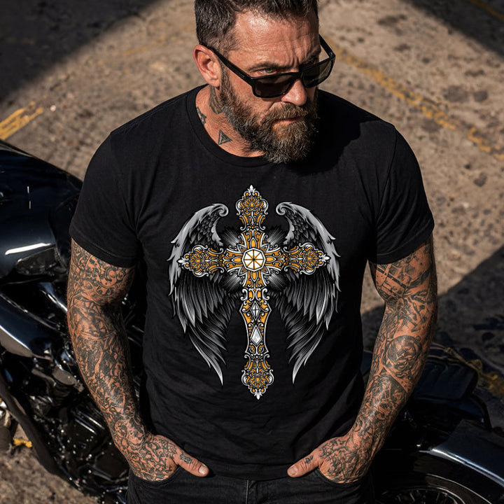 Gothic Cross With Angel Wings T Shirts for Men Father