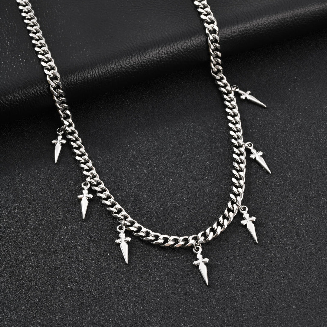 Gothic Cross and Spike Charmed Cuban Chain Necklace for Men