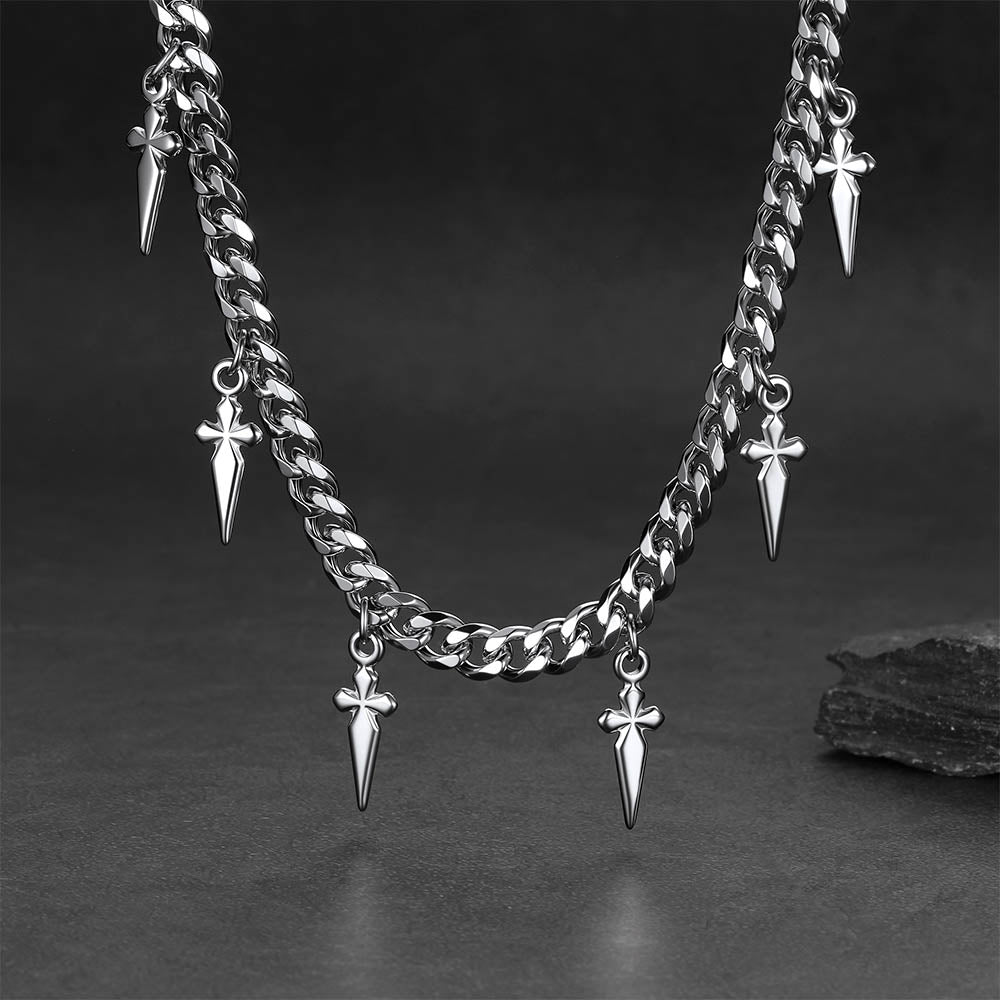 Gothic Cross and Spike Charmed Cuban Chain Necklace for Men
