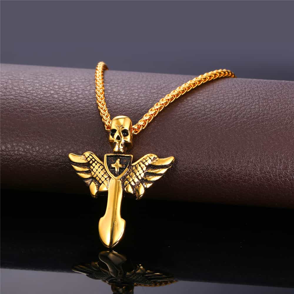Gothic Skull Cross Necklace with Wing For Men