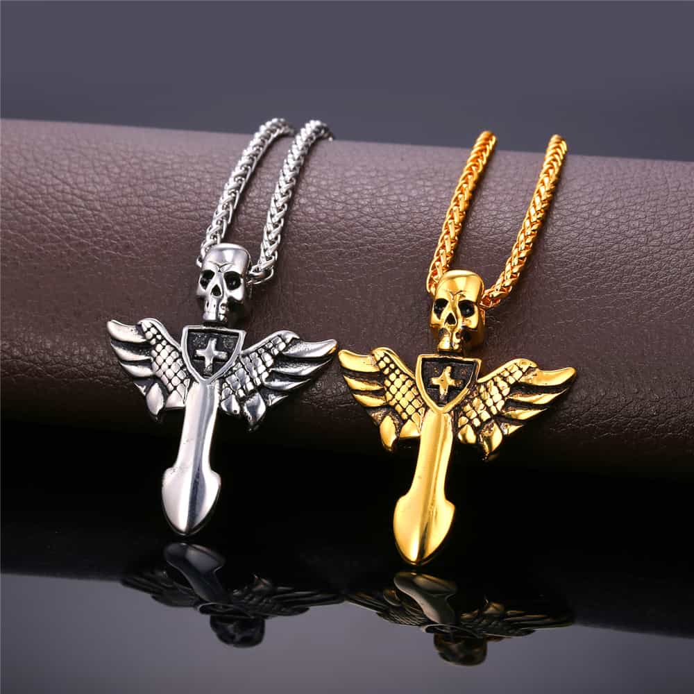 Gothic Skull Cross Necklace with Wing For Men