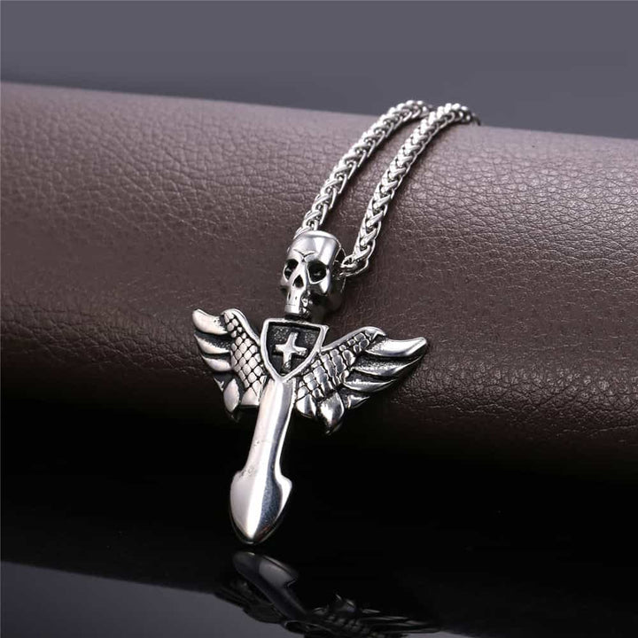 Gothic Skull Cross Necklace with Wing For Men