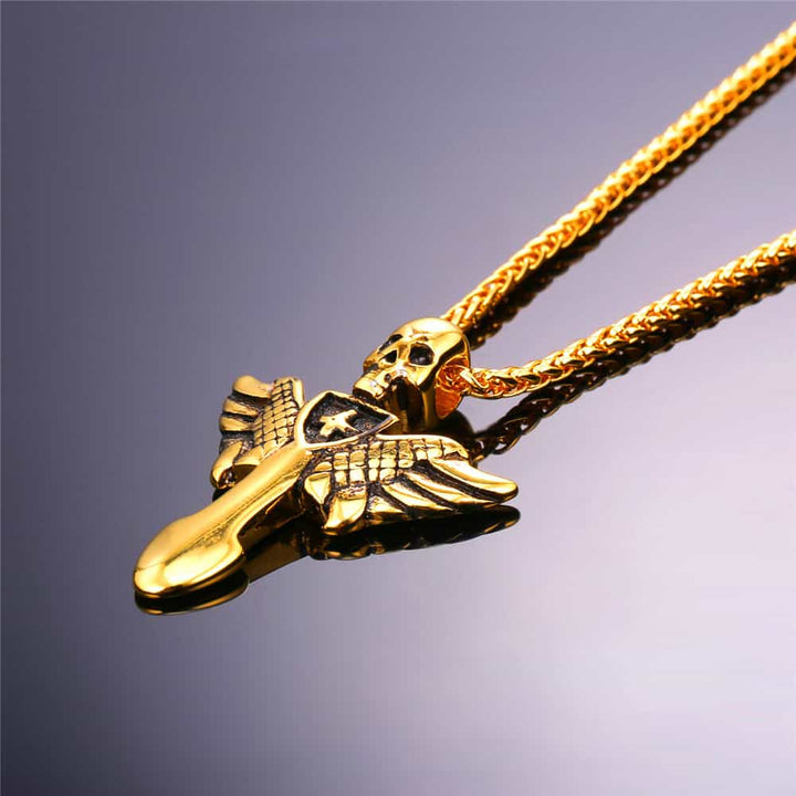 Gothic Skull Cross Necklace with Wing For Men