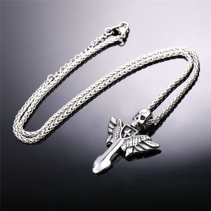 Gothic Skull Cross Necklace with Wing For Men