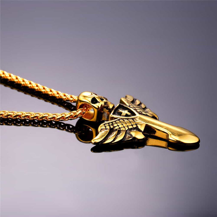 Gothic Skull Cross Necklace with Wing For Men