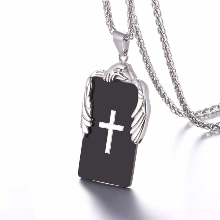 Christian Cross Necklace Military Dog Tag With Wing