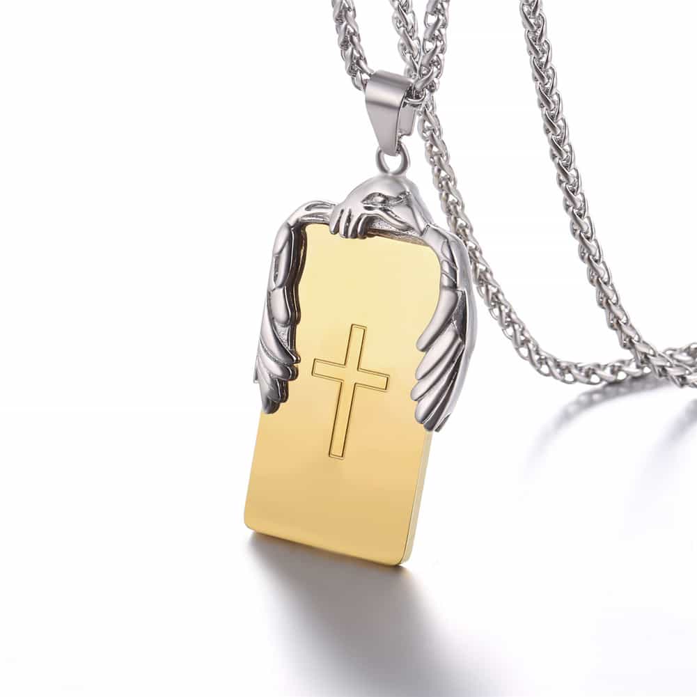 Christian Cross Necklace Military Dog Tag With Wing