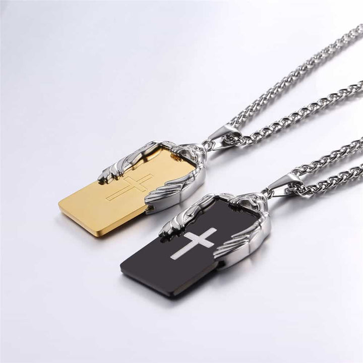 Christian Cross Necklace Military Dog Tag With Wing