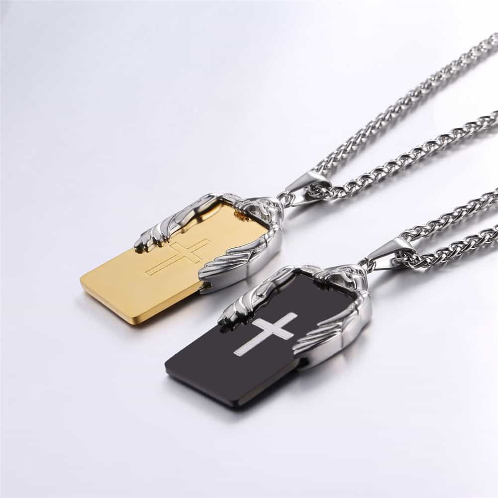 Christian Cross Necklace Military Dog Tag With Wing