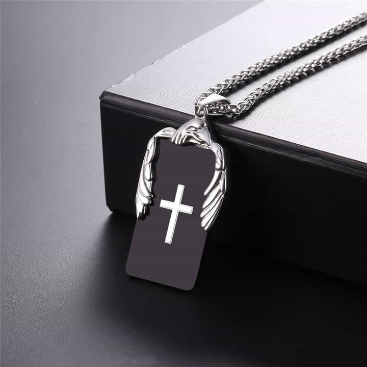 Christian Cross Necklace Military Dog Tag With Wing
