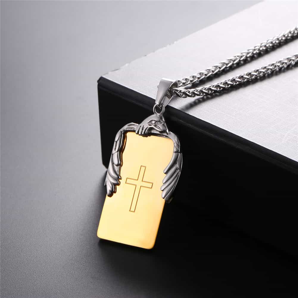 Christian Cross Necklace Military Dog Tag With Wing