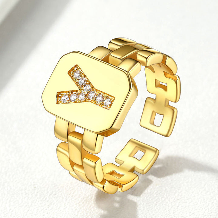 Cubic Zirconia Initial Letter Adjustable Chain Signet Rings for Women Men