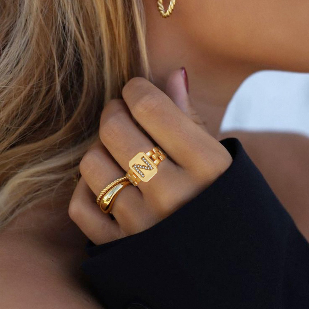 Cubic Zirconia Initial Letter Adjustable Chain Signet Rings for Women Men