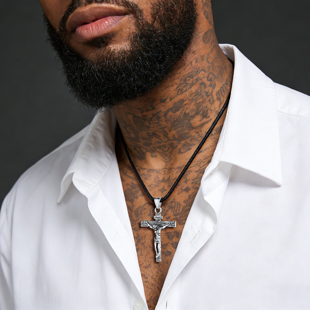 Jesus Crucifix Cross Braided Leather Pendant Necklace for Men