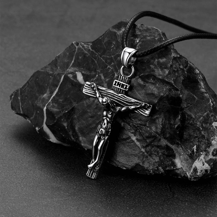 Jesus Crucifix Cross Braided Leather Pendant Necklace for Men