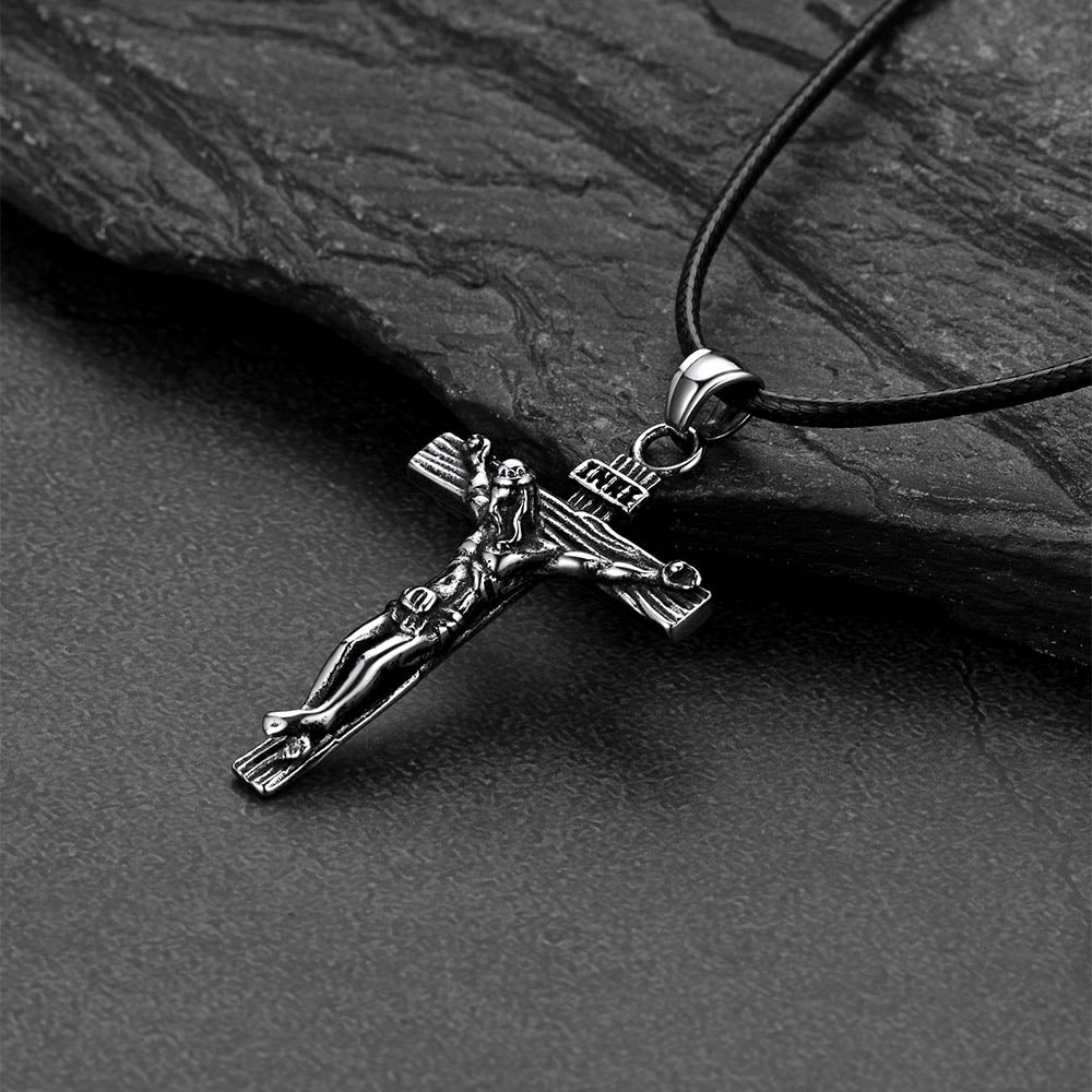 Jesus Crucifix Cross Braided Leather Pendant Necklace for Men