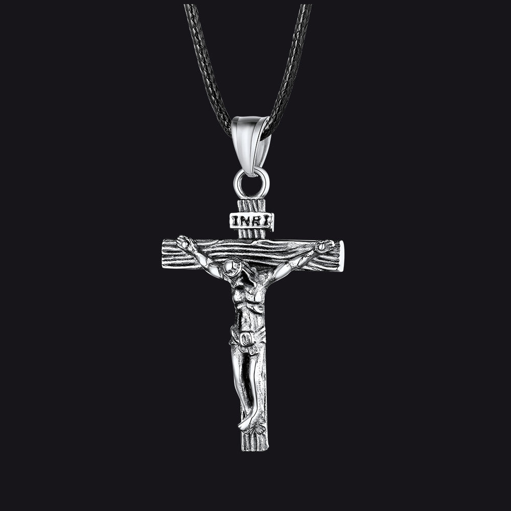 Jesus Crucifix Cross Braided Leather Pendant Necklace for Men