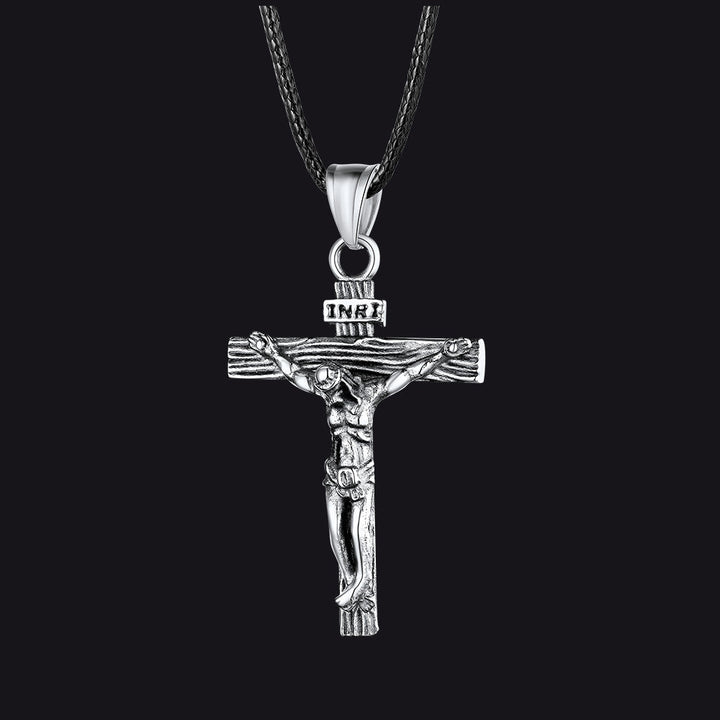 Jesus Crucifix Cross Braided Leather Pendant Necklace for Men