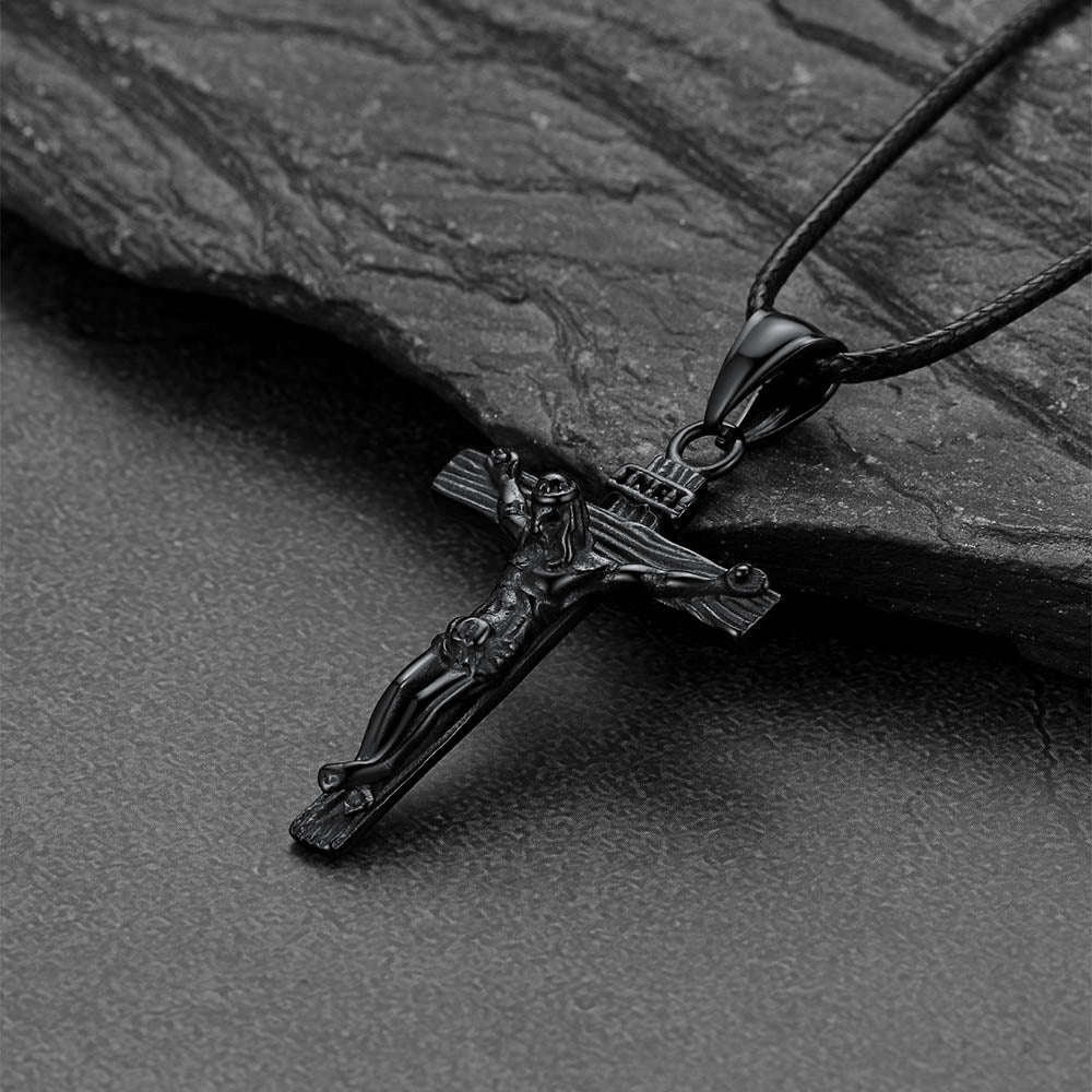 Jesus Crucifix Cross Braided Leather Pendant Necklace for Men