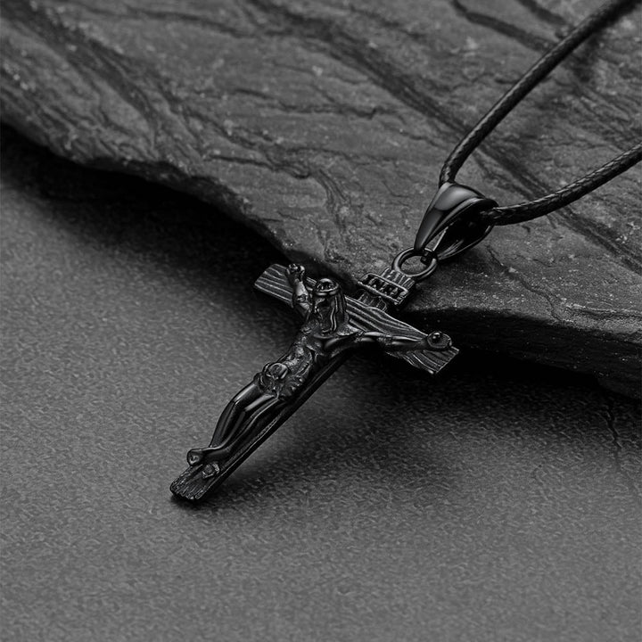 Jesus Crucifix Cross Braided Leather Pendant Necklace for Men
