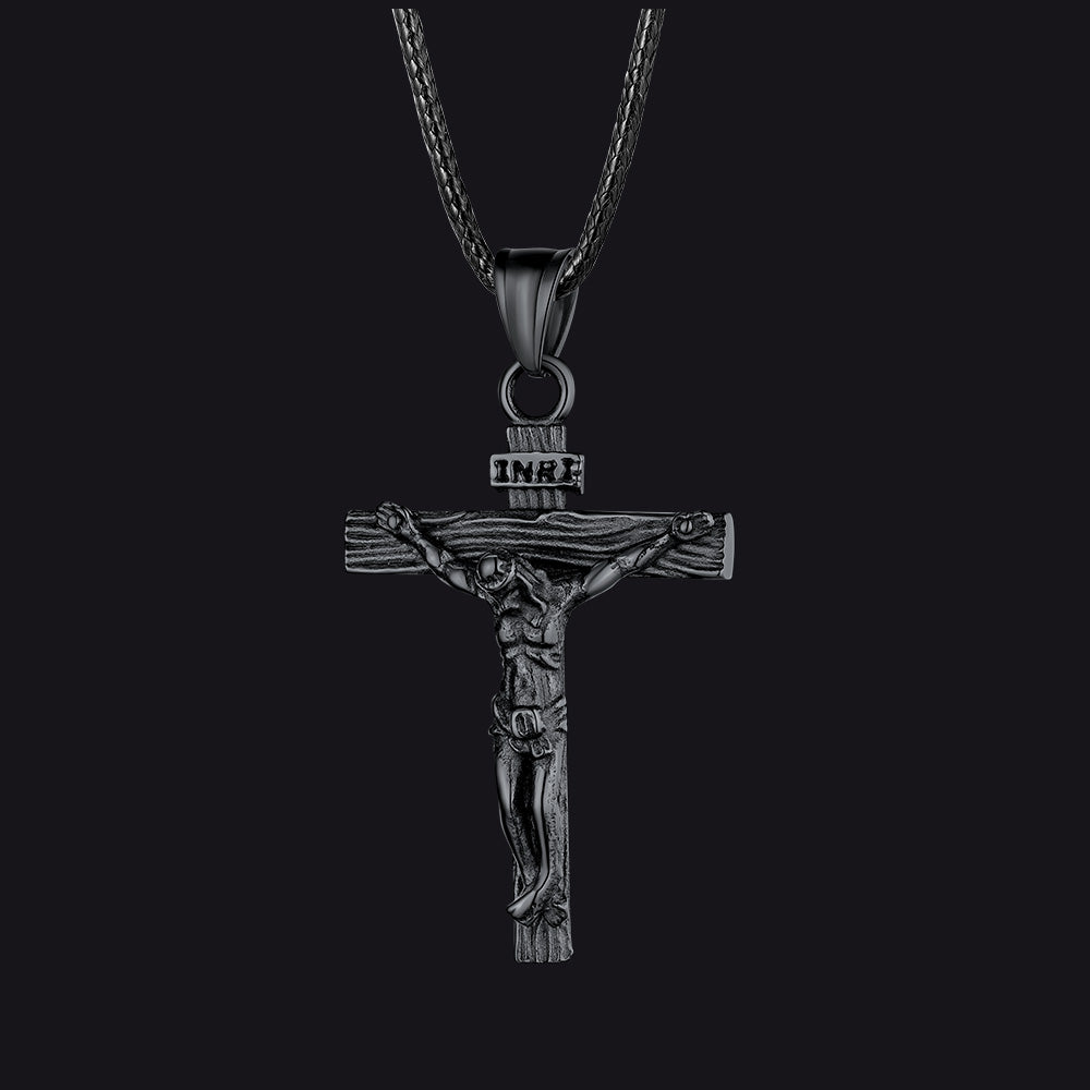 Jesus Crucifix Cross Braided Leather Pendant Necklace for Men