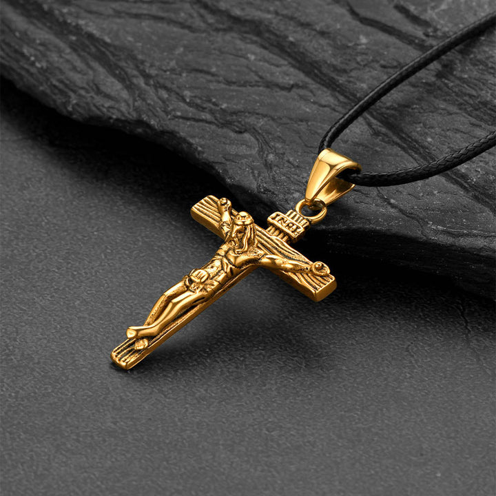 Jesus Crucifix Cross Braided Leather Pendant Necklace for Men