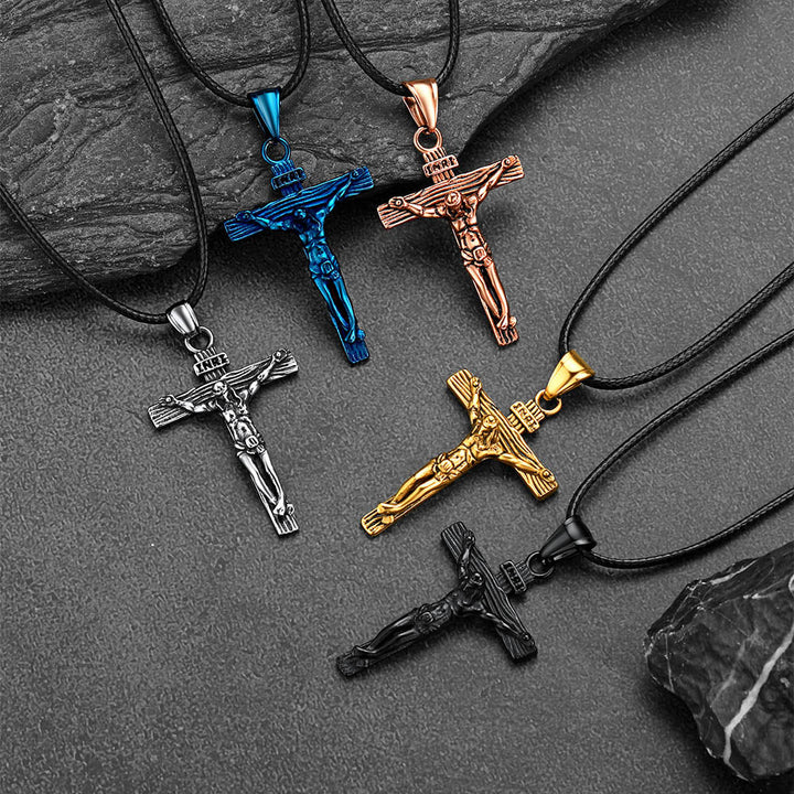 Jesus Crucifix Cross Braided Leather Pendant Necklace for Men