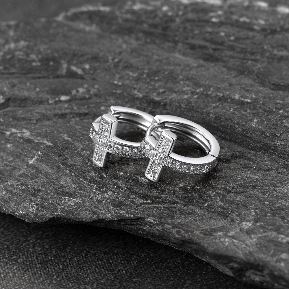 Cubic Zirconia Cross Hoop Earrings For Men