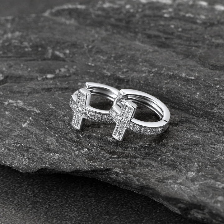Cubic Zirconia Cross Hoop Earrings For Men