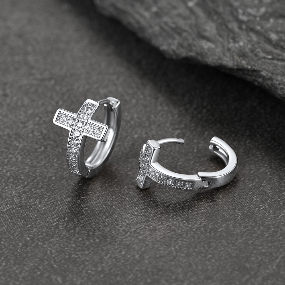 Cubic Zirconia Cross Hoop Earrings For Men