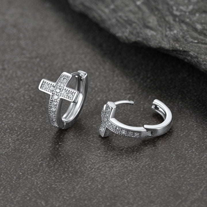 Cubic Zirconia Cross Hoop Earrings For Men