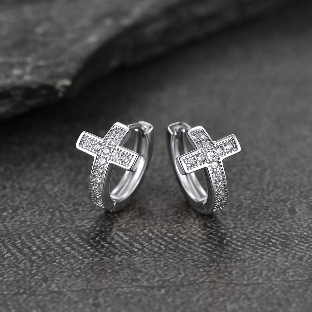Cubic Zirconia Cross Hoop Earrings For Men